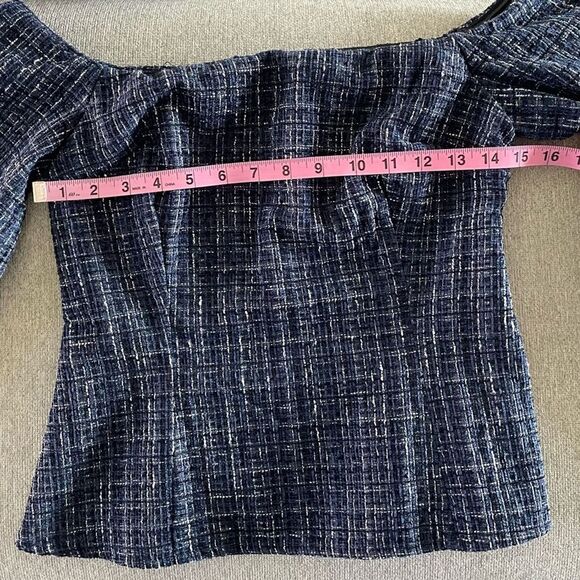 ZARA Navy Tweed Off Shoulder 3/4 Bell Sleeve Cropped Top Blouse Size Small NEW - Picture 10 of 10
